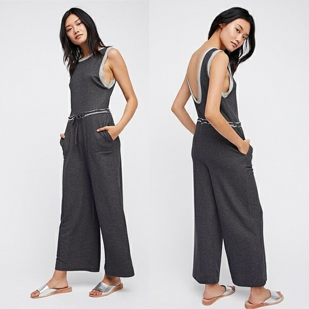 Free People Nikki Scoop Back Widd Leg Knit Jumpsuit Cozy Travel Lounging